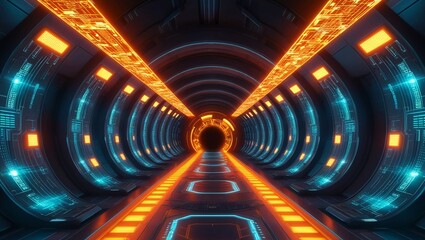 Poster -  Futuristic digital Tunnel of Light with Reflective Surfaces, Depicting Advanced Technology, Data Flow, or Sci-Fi Concepts of Time Travel and Energy Transfer