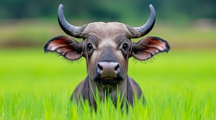 Water Buffalo Portrait in Lush Green Field Farm Animal Nature Wildlife