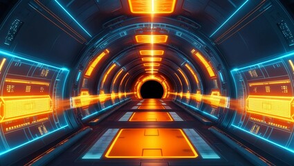 Poster -  Futuristic digital Tunnel of Light with Reflective Surfaces, Depicting Advanced Technology, Data Flow, or Sci-Fi Concepts of Time Travel and Energy Transfer