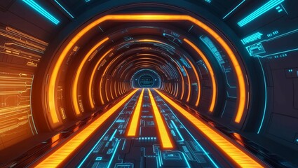 Poster -  Futuristic digital Tunnel of Light with Reflective Surfaces, Depicting Advanced Technology, Data Flow, or Sci-Fi Concepts of Time Travel and Energy Transfer