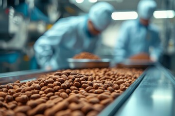 Workers process cocoa beans in a factory, highlighting the intricate steps in chocolate production and the importance of quality control.