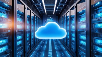 Poster -  High-tech server room with glowing blue lights and advanced infrastructure, symbolizing cloud computing, data storage, and the digital backbone of modern technology