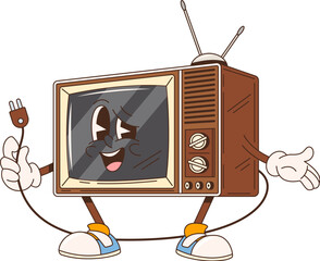 Aufkleber - Cartoon retro groovy tv character holds a plug in one hand. Isolated vector zany, retro television set personage with expressive eyes and wide, charismatic smile, exuding 70s or 60s vintage vibe