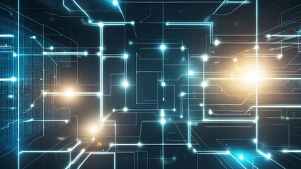 Poster -  Abstract digital grid with geometric patterns illuminated by subtle lighting effects, symbolizing modern technological systems, data connections, and cutting-edge innovations