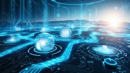 Poster -  Futuristic digital landscape with glowing blue data streams and advanced tech elements, representing a global network or digital communication infrastructure in a high-tech setting