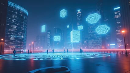 Poster - Futuristic Cityscape with Neon Technology Elements