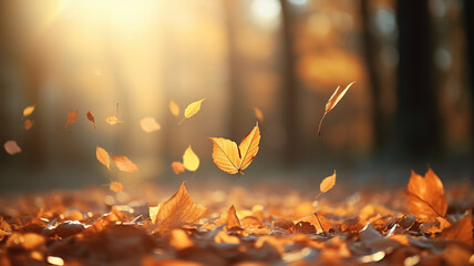 Wall Mural - leaf fall in the autumn park in the sunlight, dry yellow leaves fly in the landscape of warm october