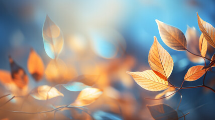 Wall Mural - falling autumn leaves and branches nature in light translucent soft color pastel tinting on a sunny 