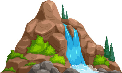 Poster - Mountain waterfall with forest trees of prehistoric dinosaur era landscape, vector game asset. Cartoon nature environment of waterfall or river cascade on mountain rock and water stream for game scene