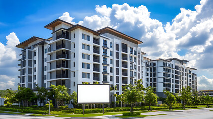 modern apartment building with blank billboard in front, surrounded by greenery