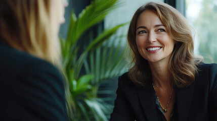  the successful female partner CEO of the big international company in business suit is working on the interview at  the office