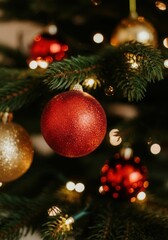 Wall Mural - christmas ornaments hanging on a tree with lights, creating a festive atmosphere
