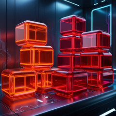 Poster - futuristic digital cubes in red and blue, illuminated in a sci-fi environment with a sleek metallic 