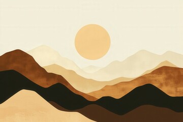 Poster - Minimalist mountain silhouettes in soft earth tones with sun shining