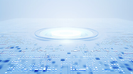 Poster - abstract blue background, a light glowing symbol of new technologies, copy space of new technologies