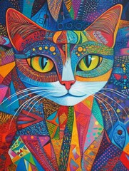 A colorful and abstract painting of a cat's face with large, bright green eyes.