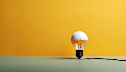 A light bulb resting on a surface, set against a vibrant yellow background, showcasing minimalistic design and contrasting colors.