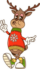 Aufkleber - Cartoon groovy Christmas deer character dressed in sweater and colorful sneakers. Isolated vector reindeer animal personage ready for festive Xmas season celebration. Cheerful and funky holiday animal