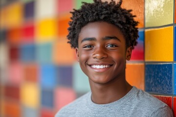 Young boy with curly hair is smiling and wearing yellow shirt. He is standing in a hallway with colorful walls. black student boy, wearing a casual school attire, smiling while looking at the camera,