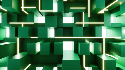 Poster - green geometric abstract blocks with bright light shining through, tech-inspired pattern in a modern