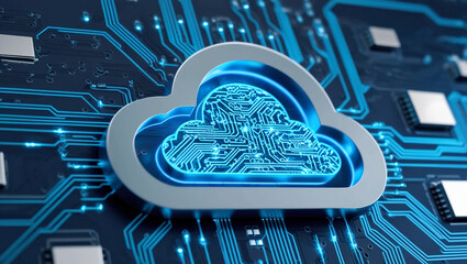 Poster - 3D cloud computing symbol with circuit board patterns glowing in blue, representing data storage, cloud technology, and secure digital infrastructure