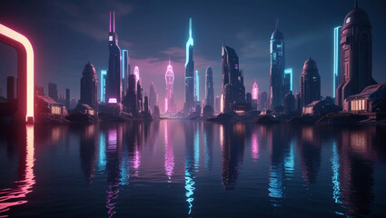 Poster -  Futuristic Cityscape at Night with Neon Lights Reflecting on Water, Detailed Urban Architecture and Skyscrapers