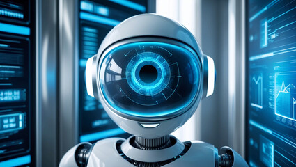  Single robotic eye with a glowing blue iris, focused on high-tech data panels, representing AI vision and futuristic surveillance in an ultra-sharp, detailed digital environment