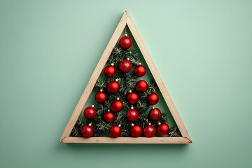 Wooden triangular frame decorated with fir branches and red christmas baubles on light green background