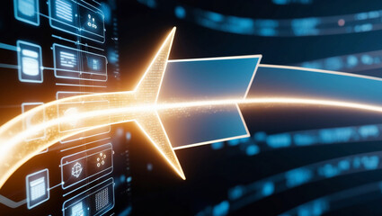 Poster -  Sharp Close-Up of Glowing Digital Arrow Representing Data Growth and Movement in a Futuristic Digital Environment