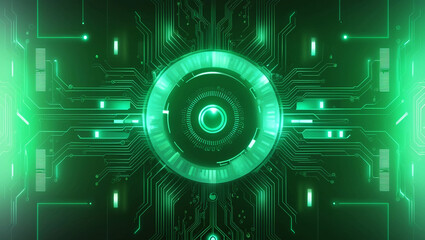 Poster -  Ultra-Detailed Abstract Green Digital Technology Background with Futuristic Geometric Elements and Glowing Circuitry