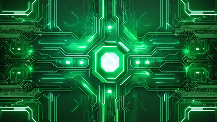 Poster -  Ultra-Detailed Abstract Green Digital Technology Background with Futuristic Geometric Elements and Glowing Circuitry