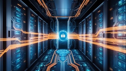 Poster -  Abstract AI-generated futuristic server room with glowing data flows and interconnected circuits representing artificial intelligence, big data, and technological advancement