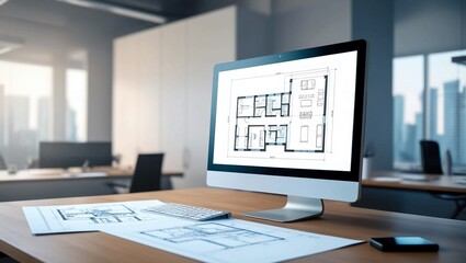 Poster -  Futuristic workspace with a computer monitor displaying architectural blueprints, symbolizing modern design and technology-driven innovation in a sharp, high-resolution image