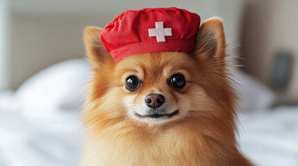 Wall Mural - cute Pomeranian dog wearing a red cross nurse cap hat isolated on white background