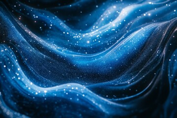 Wall Mural - A mesmerizing wave of deep blue fabric unfolds. Tiny stars shimmer across its surface. This image radiates tranquility and depth. Generative AI