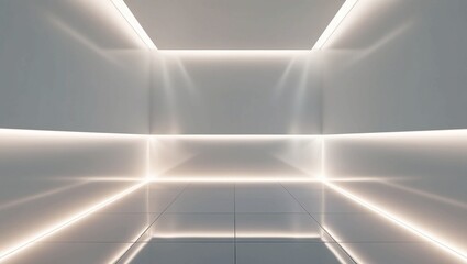 Poster - minimalist white room with glowing floor and wall light beams, representing futuristic design and cl