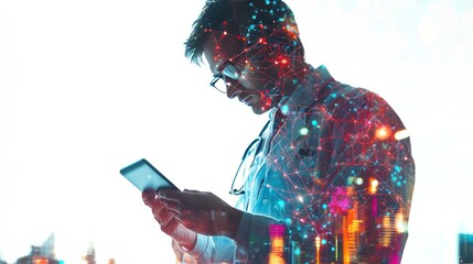 Wall Mural - a male doctor holding a tablet is combined with a futuristic cityscape filled with vibrant technological elements.