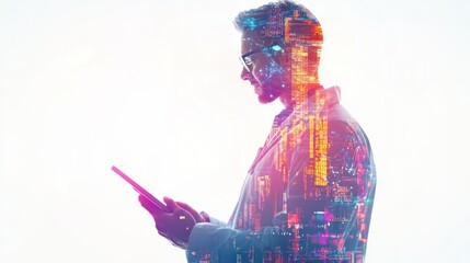 Wall Mural - a male doctor holding a tablet is combined with a futuristic cityscape filled with vibrant technological elements.