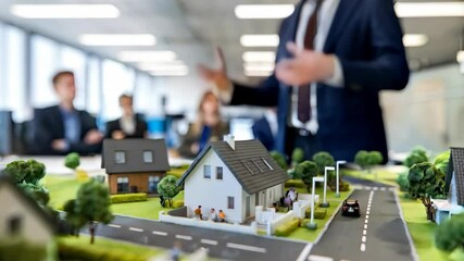 Poster - A miniature model of houses is presented in a business meeting setting.