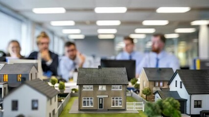 Poster - A model house in focus with professionals discussing in the background.