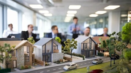 Poster - A model of houses displayed in an office setting, with people in the background discussing.