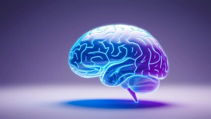 Poster -  Detailed 3D hologram of a brain with neon blue and purple colors, symbolizing the intersection of neuroscience and artificial intelligence