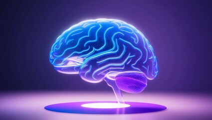 Poster -  Detailed 3D hologram of a brain with neon blue and purple colors, symbolizing the intersection of neuroscience and artificial intelligence