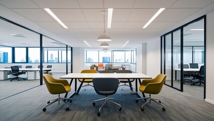 Poster -  Modern Office Interior with Open Layout, Bright Natural Light, and Minimalist Design