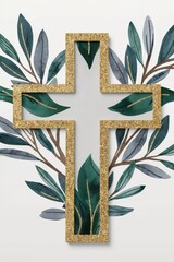 keywords: cross, golden cross, religious symbol, christianity, faith, spirituality, bokeh background, leaves, leaf wreath, green leaves, gray leaves, elegant, gold, symbol, decoration, minimalism, pea