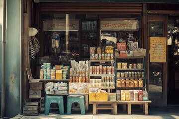 Selective focus vintage stall on the street , Vintage groceries shop with ancient souvenir, Thrift shop with miscellaneous product.