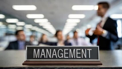 Poster - A management sign in an office setting with individuals engaged in discussion.