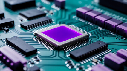 Poster -  Close-up of a high-tech circuit board with purple lighting, symbolizing advanced microchip technology, modern electronics, and cutting-edge computing hardware
