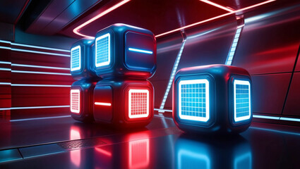 Poster - New  Digital Cubes in Red and Blue, Illuminated in a Sci-Fi Environment with a Sleek Metallic Finish