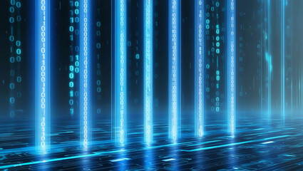 Poster - The  Blue Digital Data Flow, Vertical Stripes of Light and Binary Code Representing Information Transfer in a Futuristic Environment